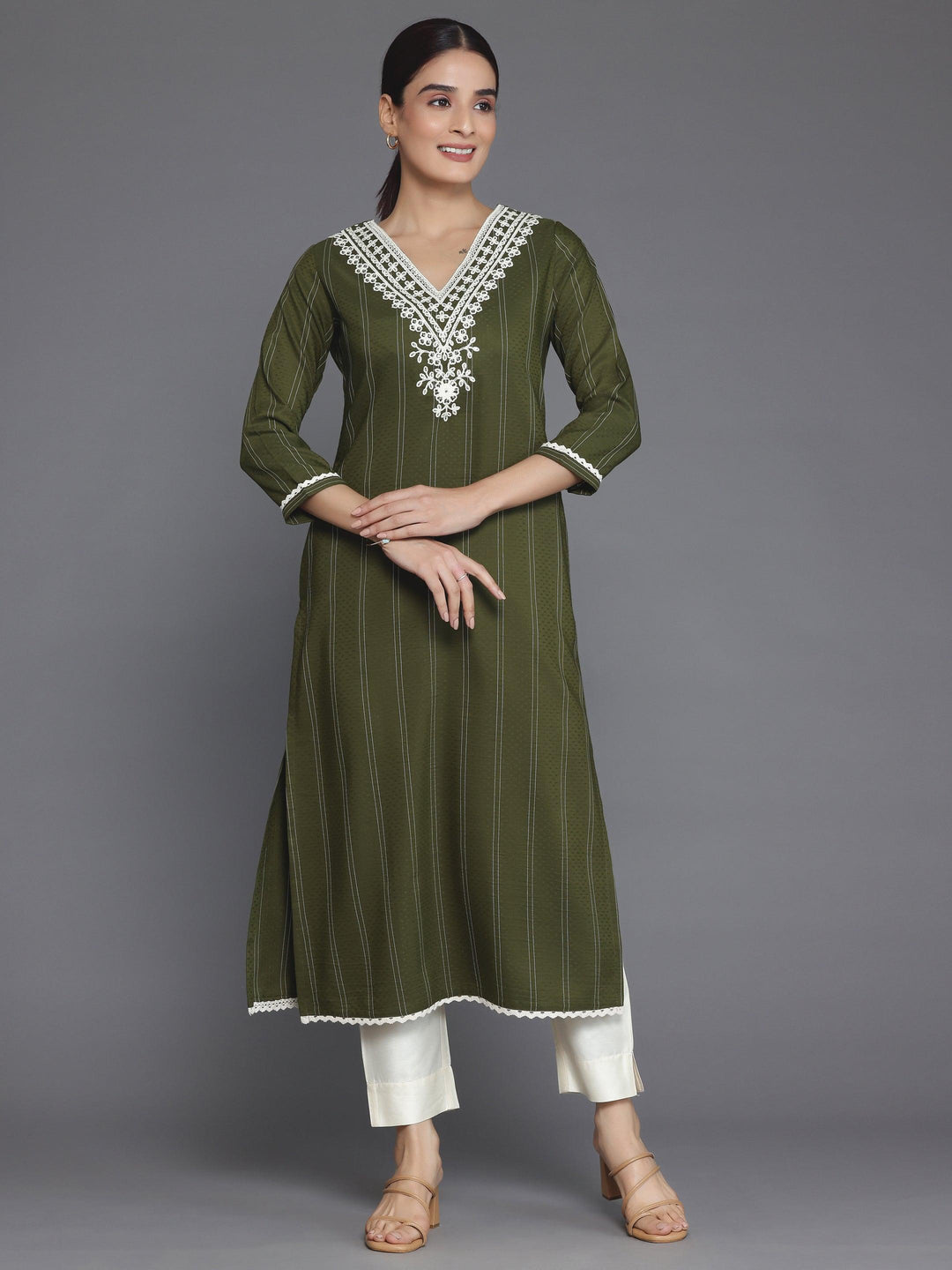 Olive Yoke Design Silk Straight Kurta