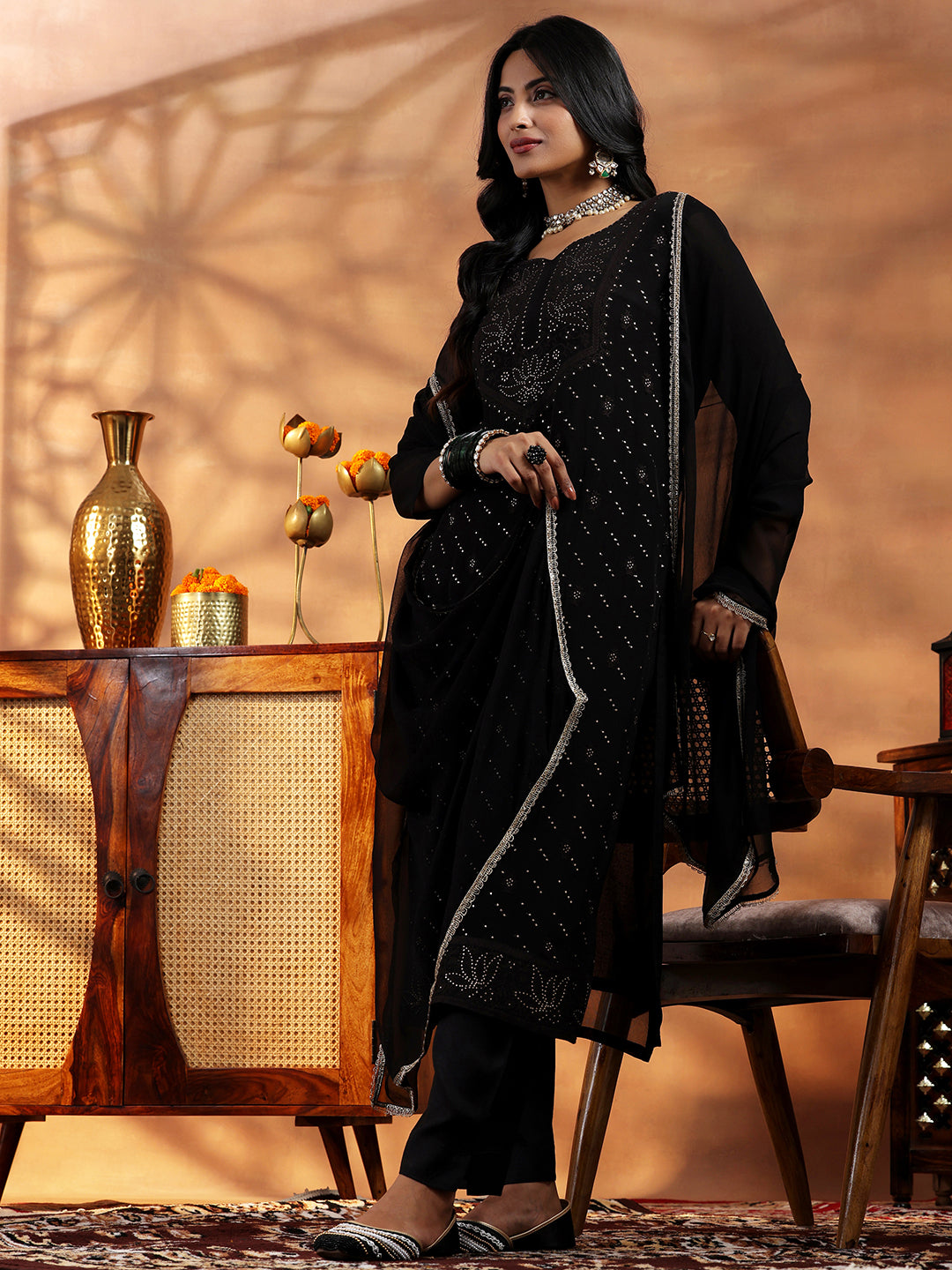 Black Embroidered Organza Straight Suit With Dupatta