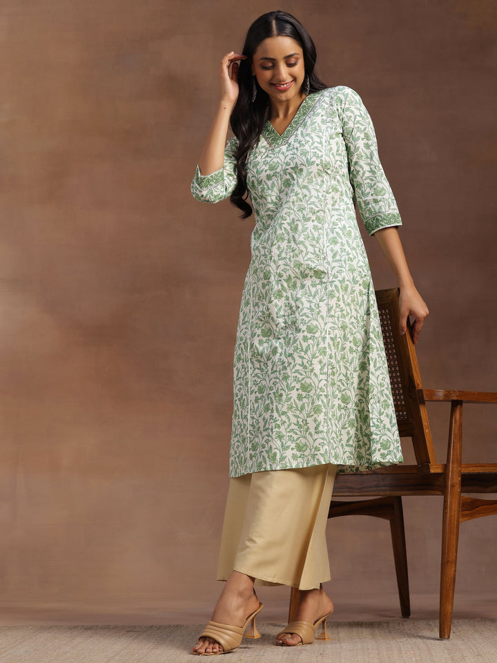 Green Printed Cotton Straight Kurta