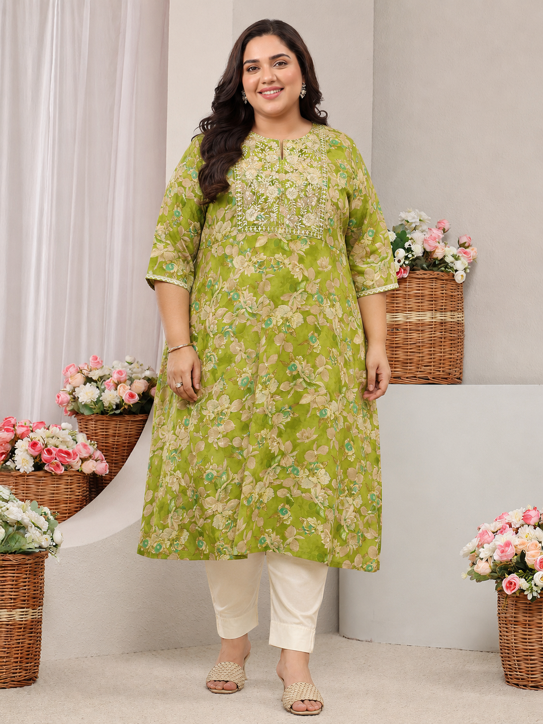 Plus Size Green Floral Printed Silk Blend Straight Kurta