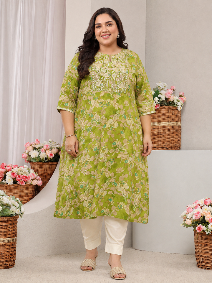 Plus Size Green Floral Printed Silk Blend Straight Kurta