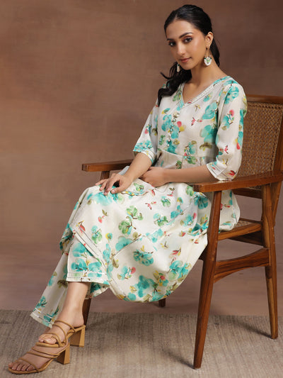 Off white Printed Silk Blend Anarkali Kurta With Trousers