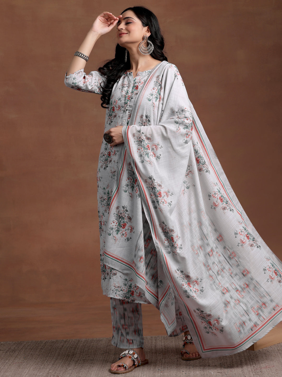 Grey Printed Cotton Straight Suit With Dupatta
