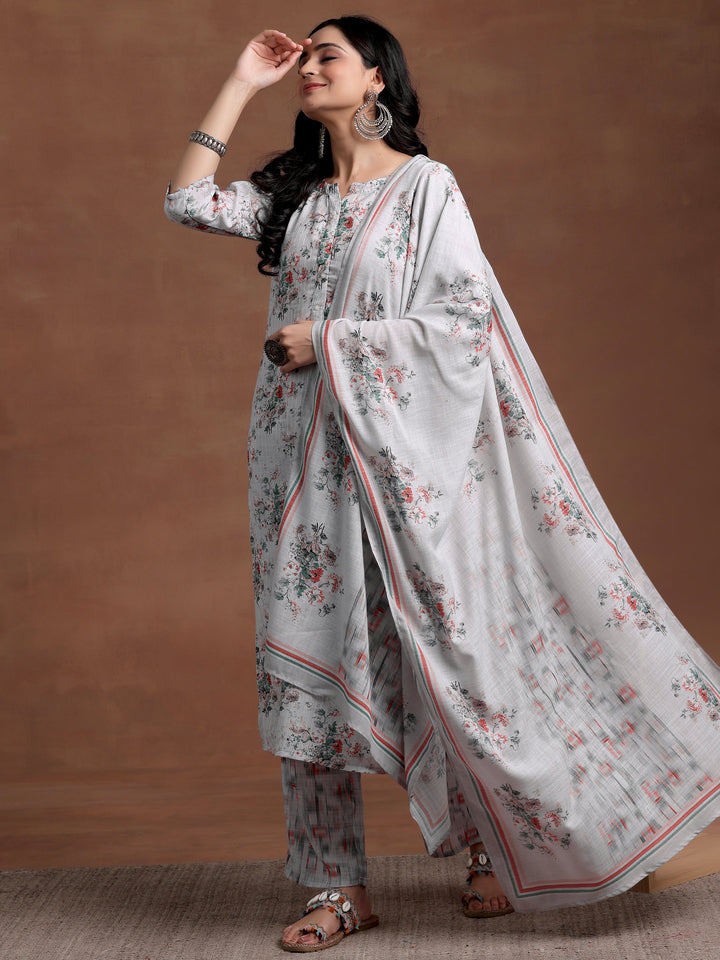 Grey Printed Cotton Straight Suit With Dupatta