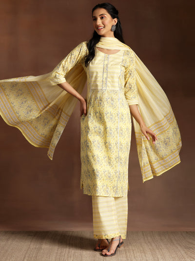 Yellow Printed Cotton Straight Suit With Dupatta