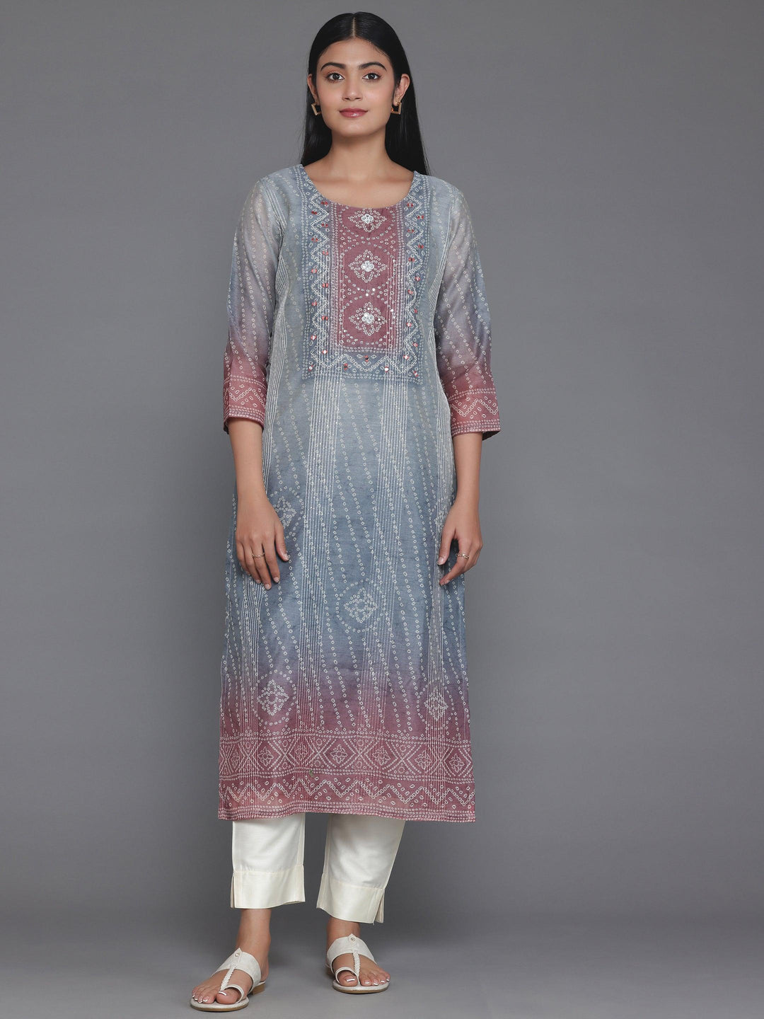 Grey Embellished Chanderi Silk Straight Kurta