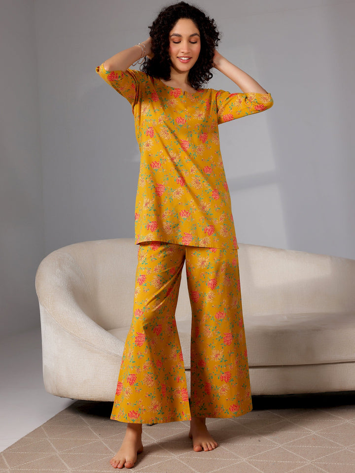 Mustard Printed Cotton Night Suits