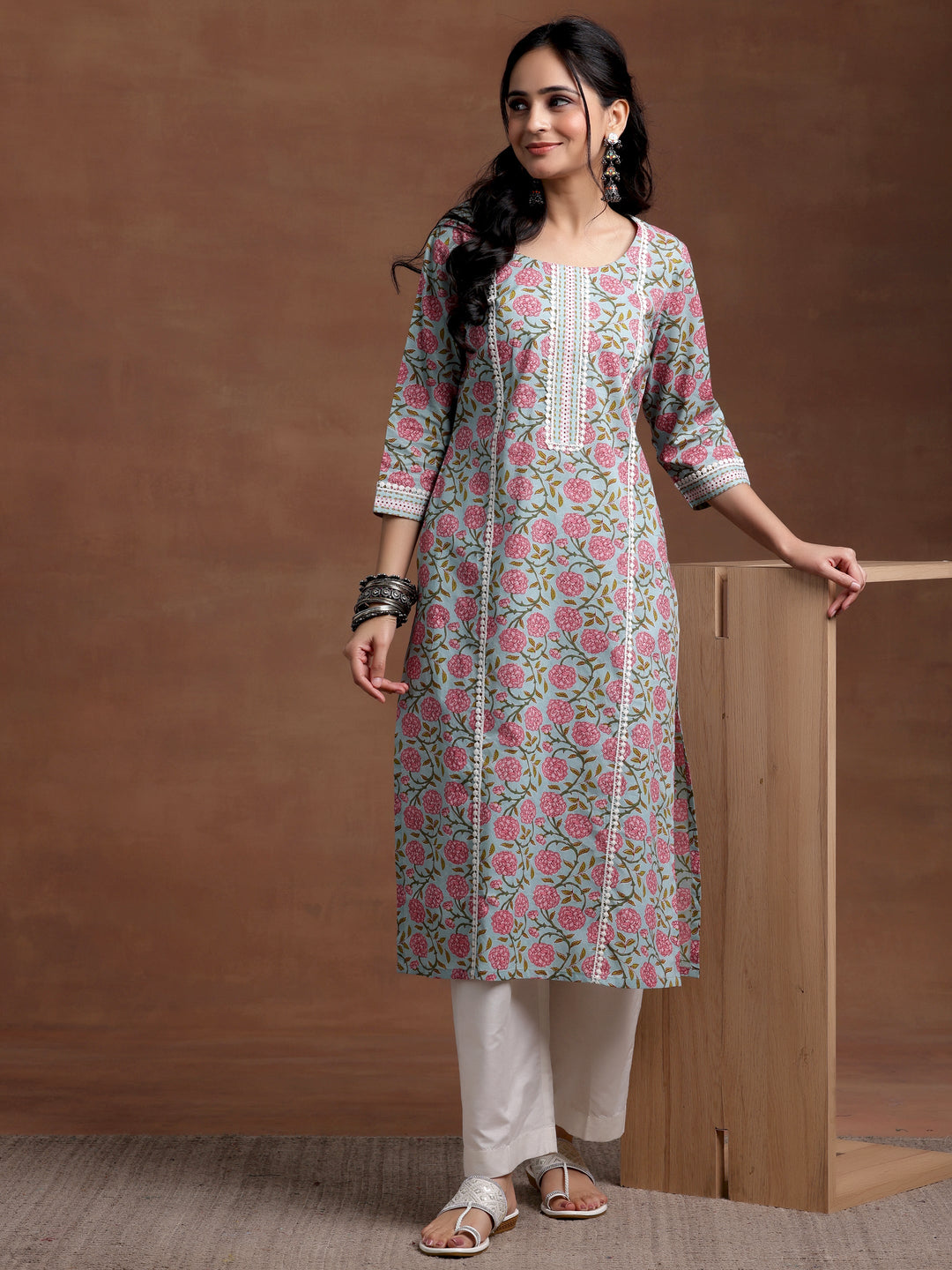 Blue Printed Cotton Straight Kurta