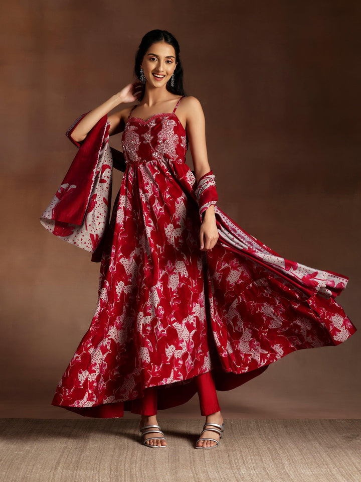 Manjari Pink Printed Silk Blend Anarkali Kurta With Trousers & Dupatta - ShopLibas