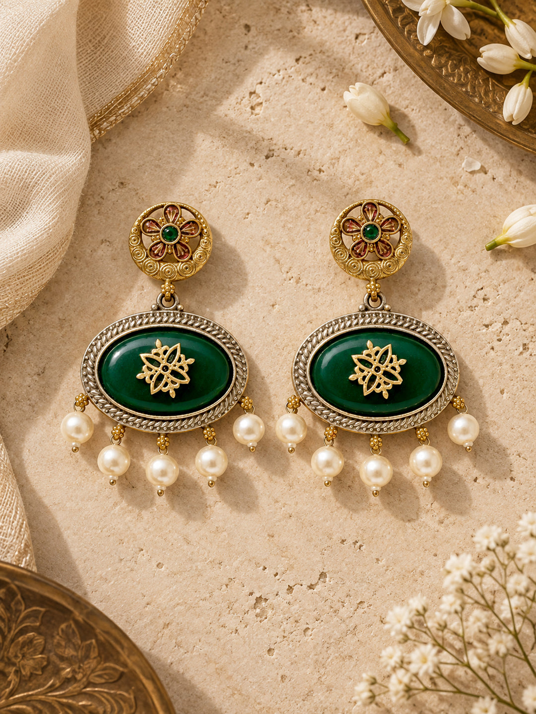 Libas Green Stone Statement Pearl Drop Earrings