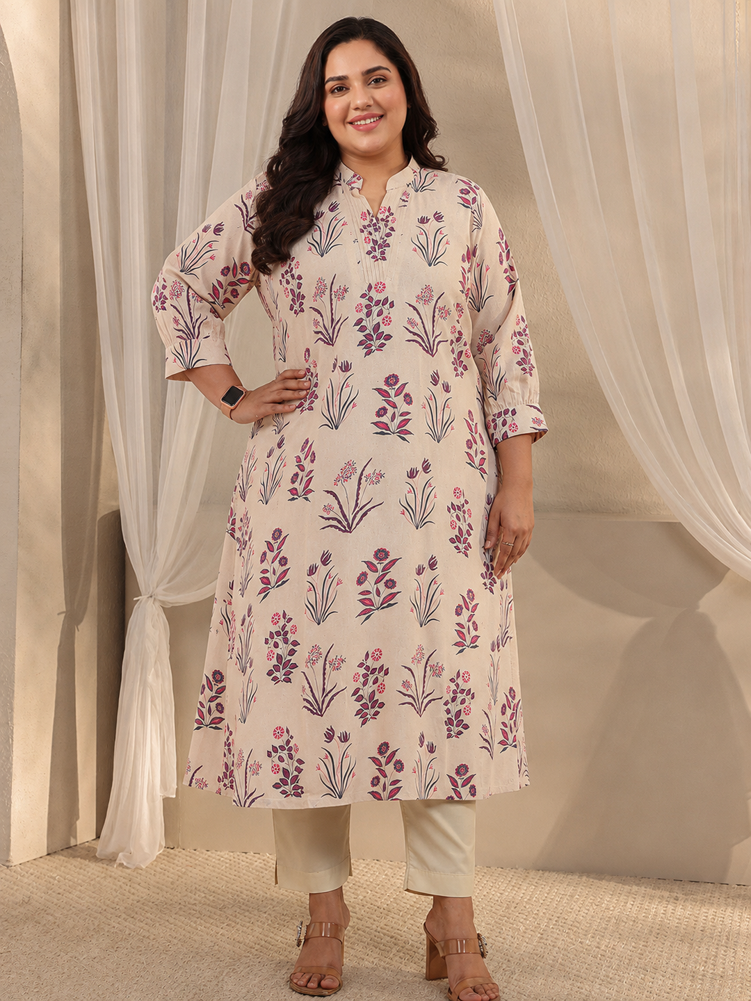 Plus Size Off White Floral Printed Cotton A-Line Kurta