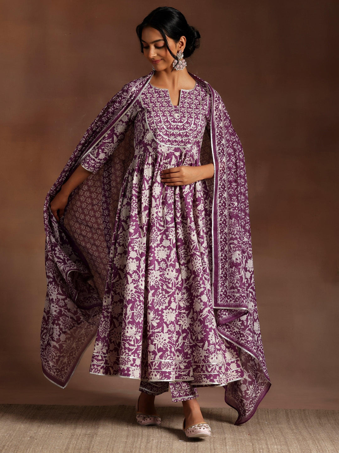 Nalini Purple Printed Cotton Anarkali Kurta With Trousers & Dupatta - ShopLibas 