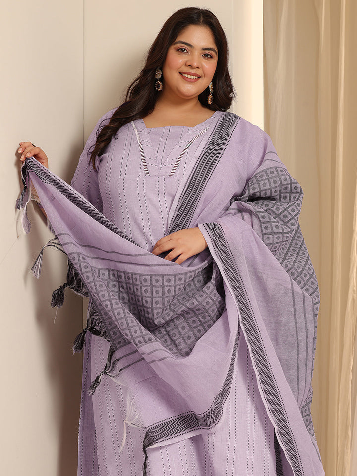Plus Size Lavender Woven Design Cotton Blend Straight Suit Set With Dupatta