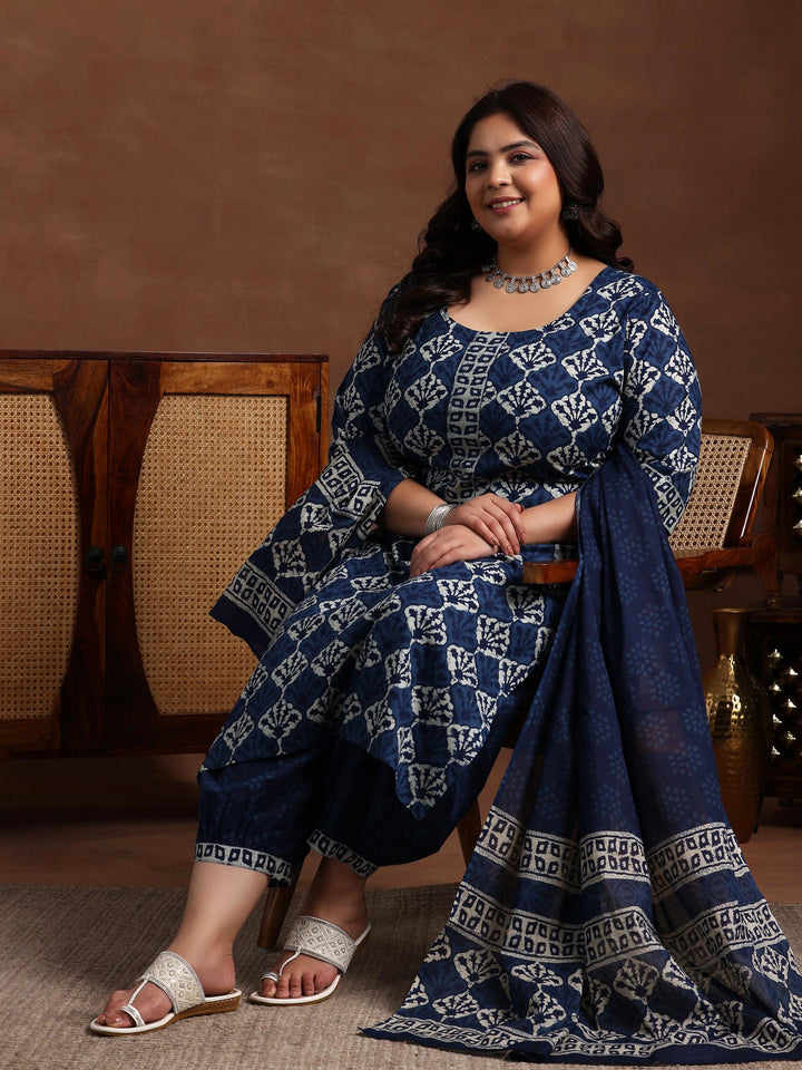Plus Size Blue Printed Cotton Straight Suit With Dupatta