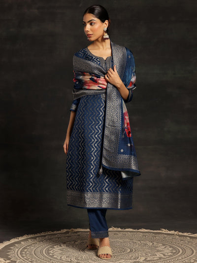 Blue Woven Design Silk Blend Straight Kurta With Trousers & Dupatta - ShopLibas