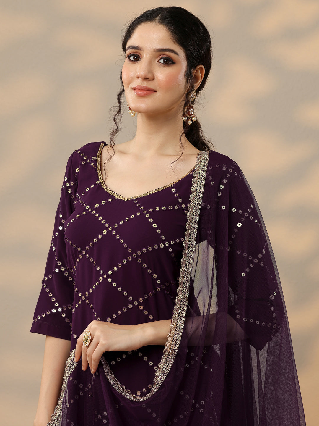 Purple Embroidered Georgette Suit Set