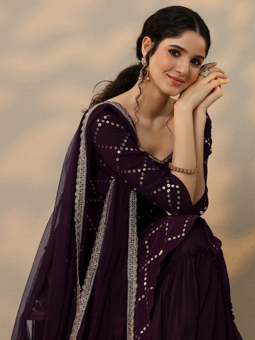 Purple Embroidered Georgette Suit Set