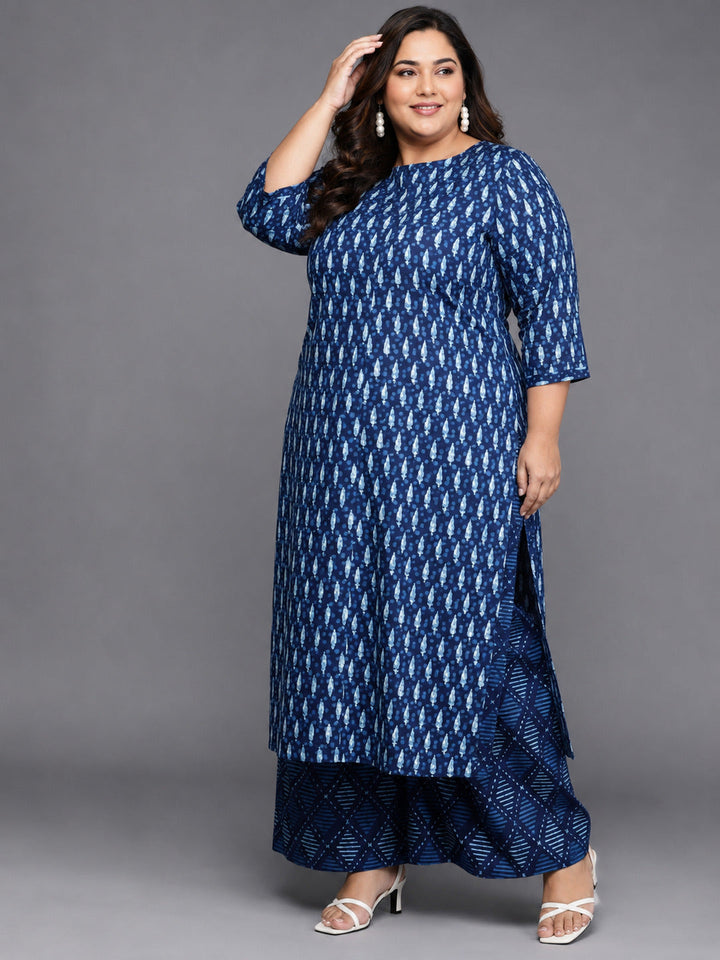 Plus Size Blue Printed Cotton Straight Kurta With Palazzos & Dupatta
