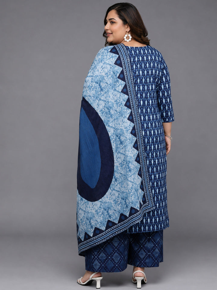 Plus Size Blue Printed Cotton Straight Kurta With Palazzos & Dupatta