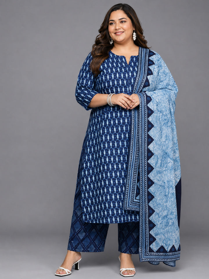 Plus Size Blue Printed Cotton Straight Kurta With Palazzos & Dupatta