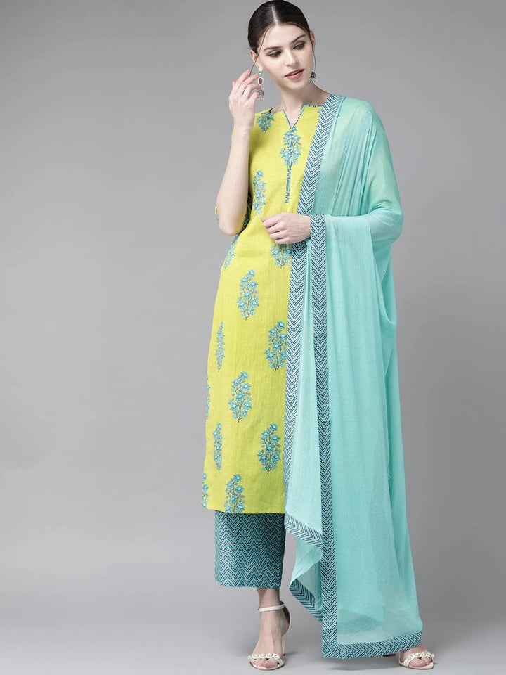Green Printed Cotton Suit Set - ShopLibas