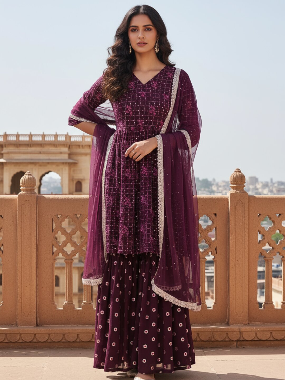 Purple Embroidered Georgette Suit Set