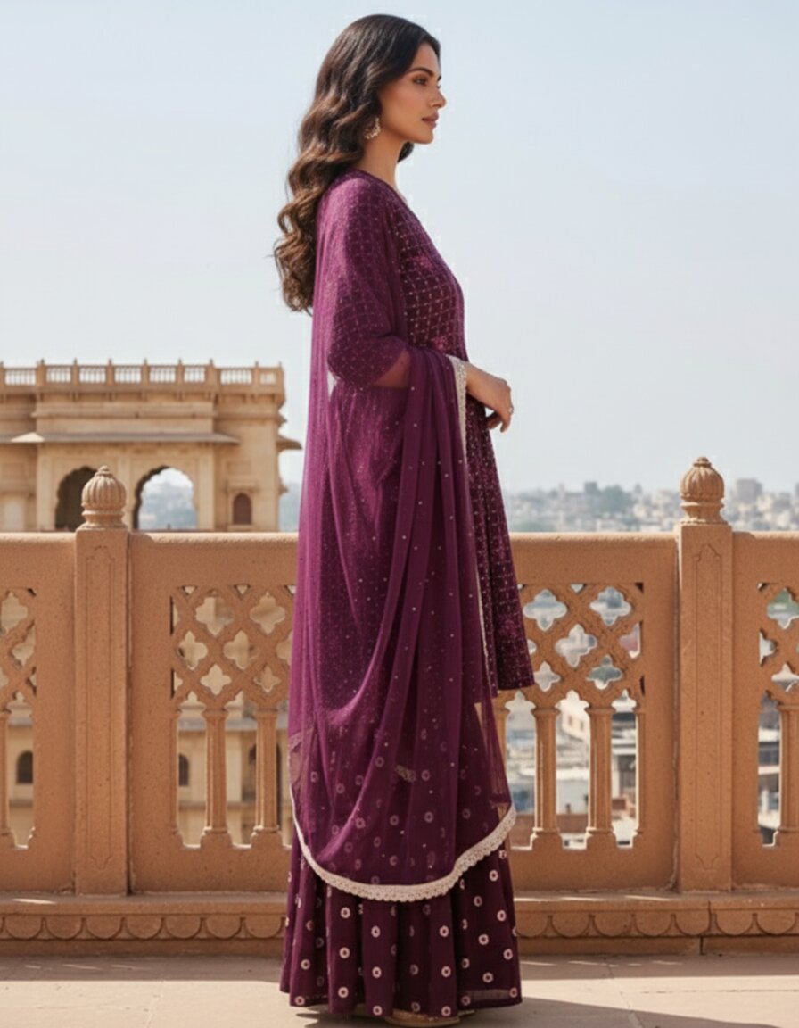 Purple Embroidered Georgette Suit Set
