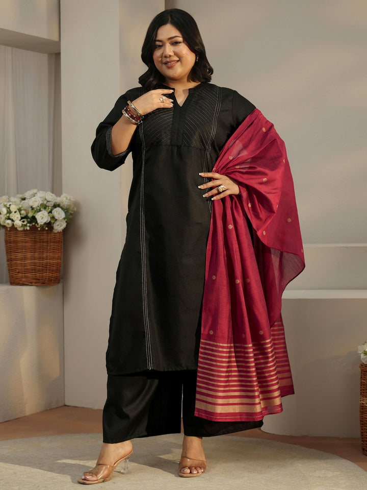 Plus Size Black Solid Cotton Straight Kurta With Palazzos & Dupatta