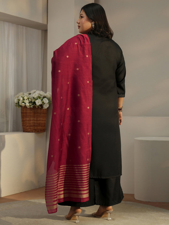 Plus Size Black Solid Cotton Straight Kurta With Palazzos & Dupatta