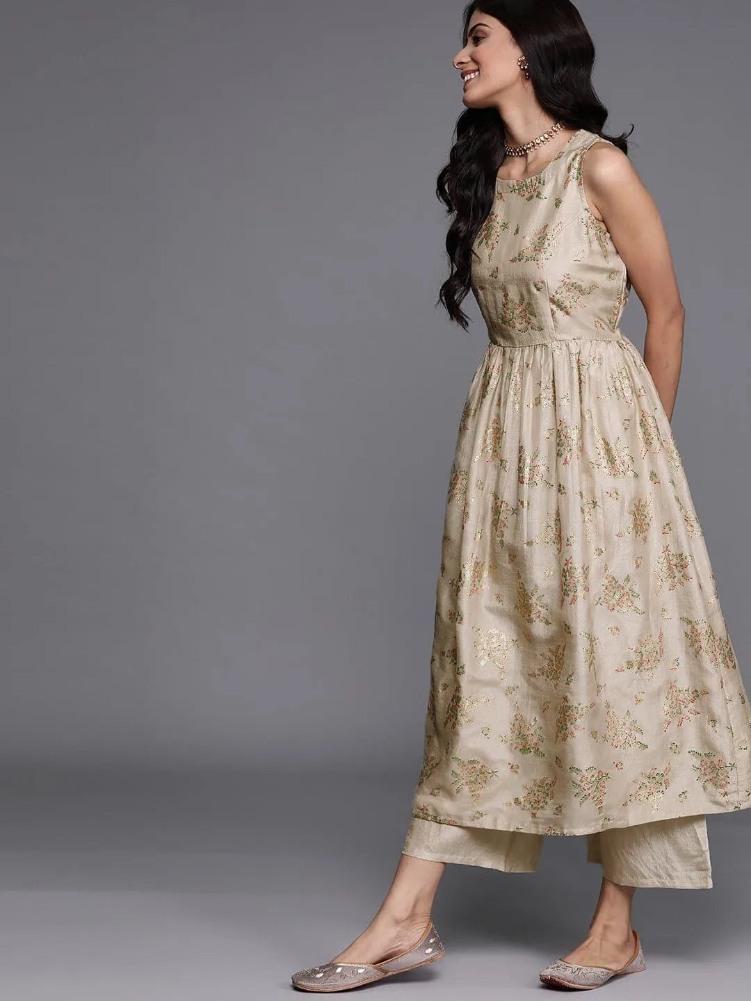 Beige Printed Silk Blend Suit Set - ShopLibas