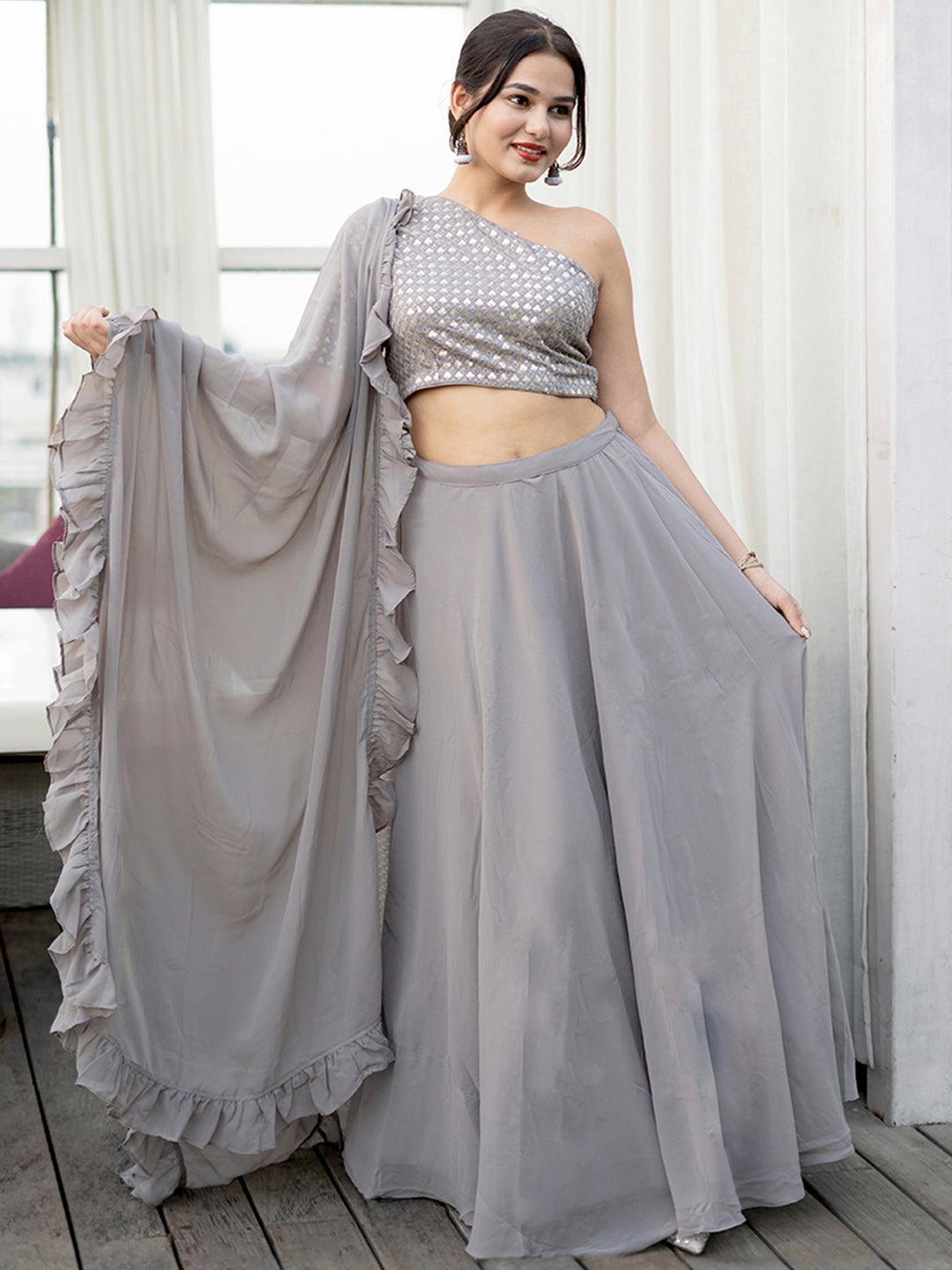 Grey Sequinned Georgette Lehenga Set With Potli - ShopLibas 