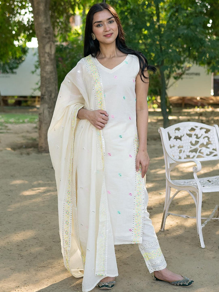 Off White Embroidered Cotton Straight Suit Set With Trousers