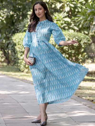 Blue Printed Cotton Fit and Flare Dress - ShopLibas