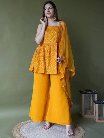 Mustard Embroidered Georgette A-Line Suit Set With Palazzos - ShopLibas