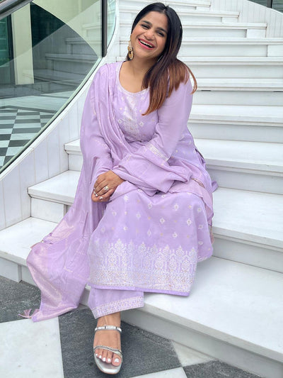 Plus Size Lavender Woven Design Silk Blend Straight Kurta With Trousers & Dupatta - ShopLibas