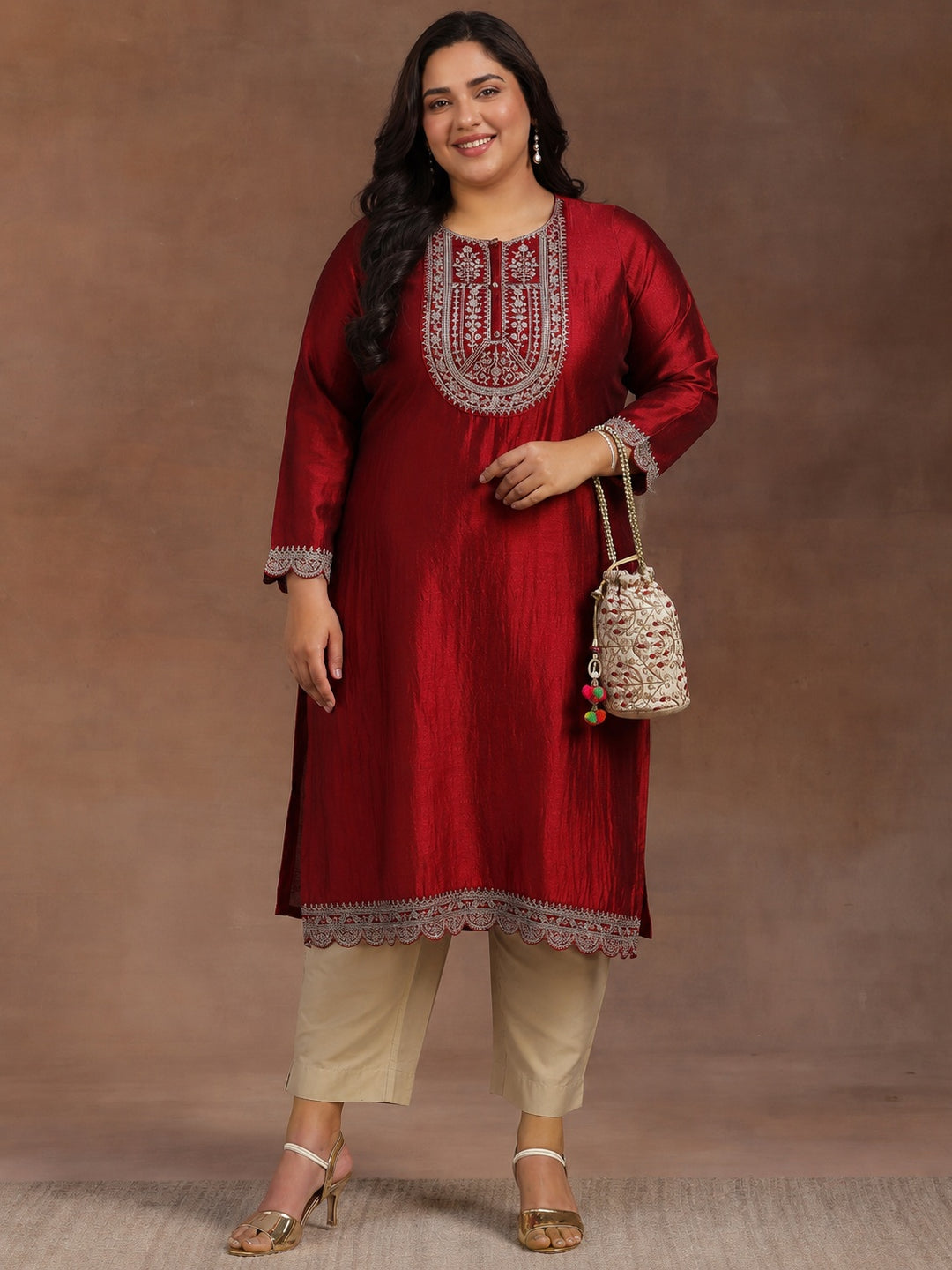 Plus Size Maroon Embroidered Silk Straight Kurta