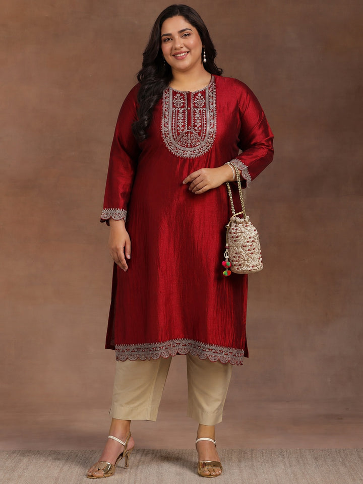 Plus Size Maroon Embroidered Silk Straight Kurta