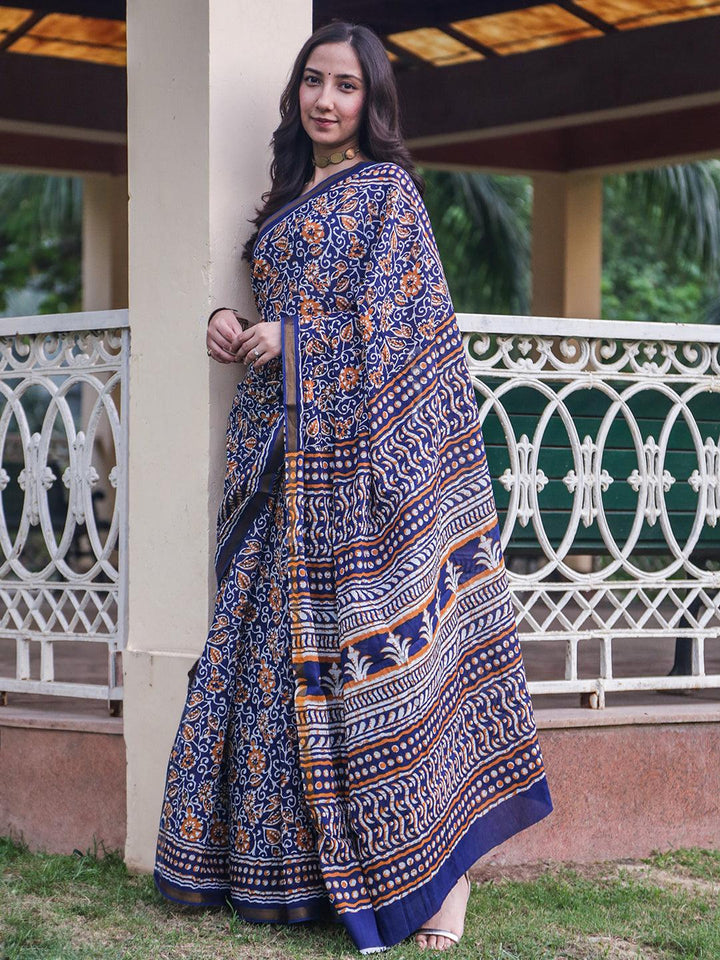 Blue Printed Cotton Saree