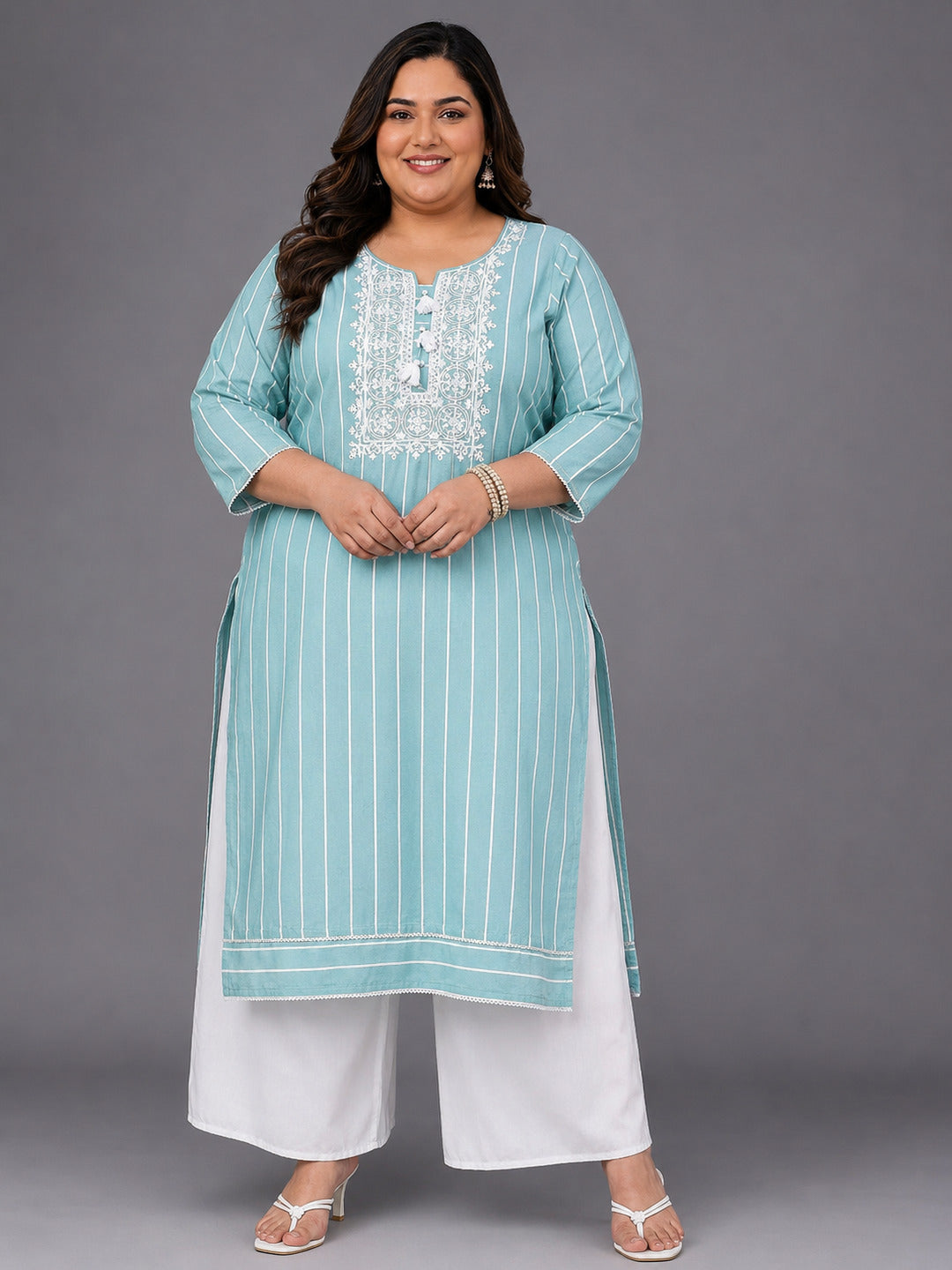 Plus Size Blue Embroidered Cotton Straight Kurta
