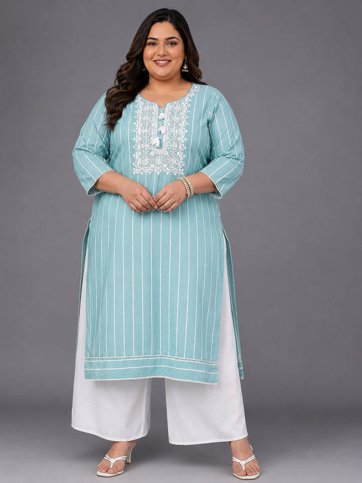 Plus Size Blue Embroidered Cotton Straight Kurta
