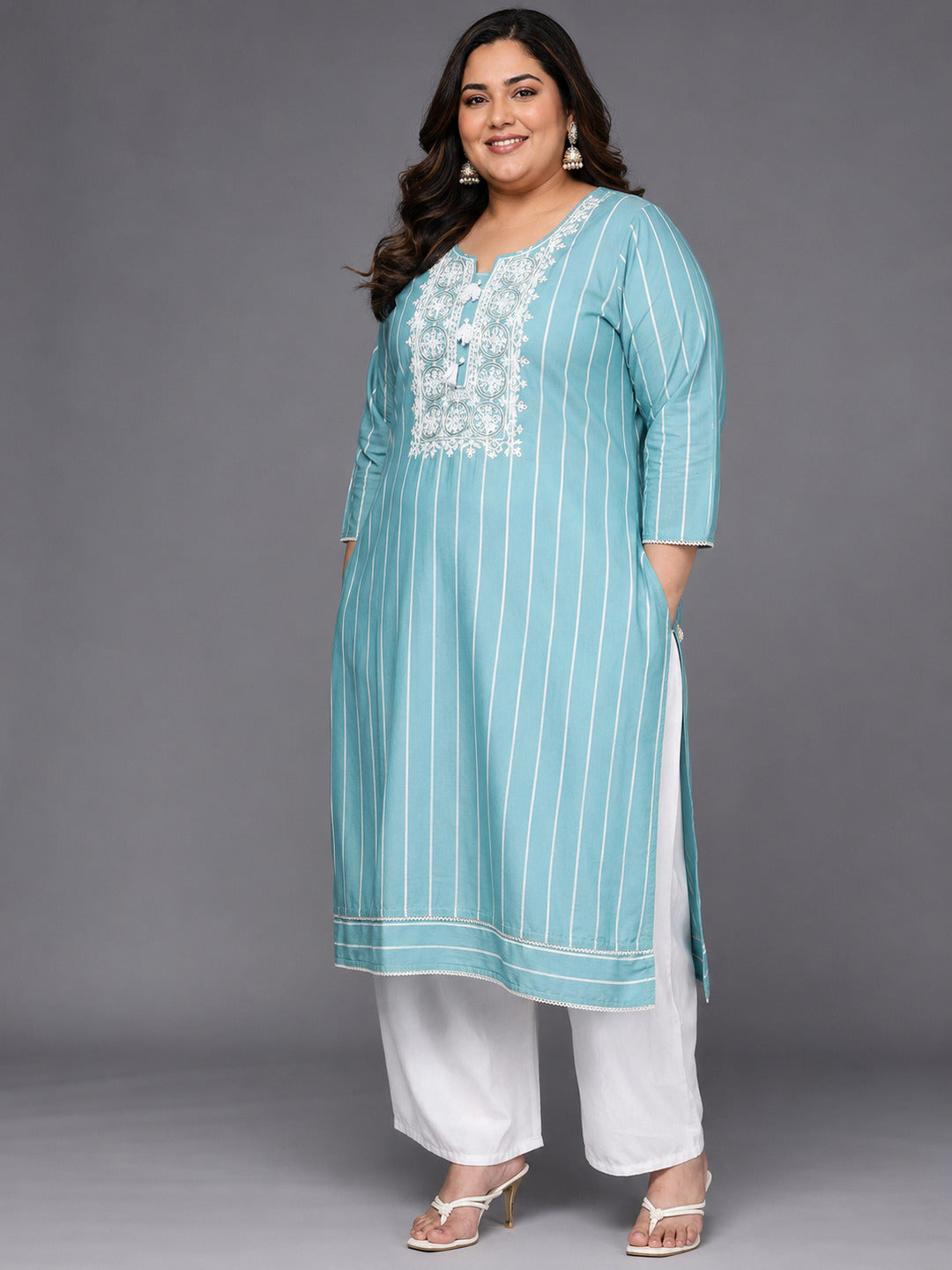 Plus Size Blue Embroidered Cotton Straight Kurta