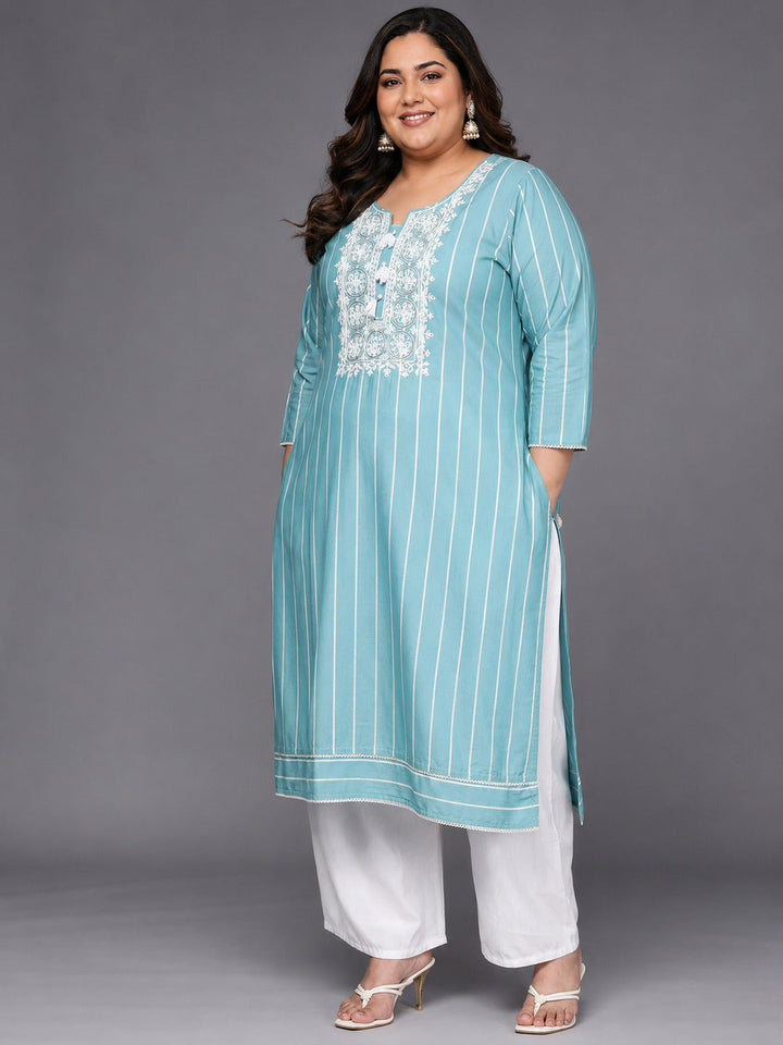 Plus Size Blue Embroidered Cotton Straight Kurta