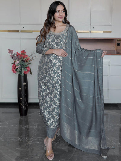 Grey Woven Design Silk Blend Straight Kurta With Trousers & Dupatta - ShopLibas