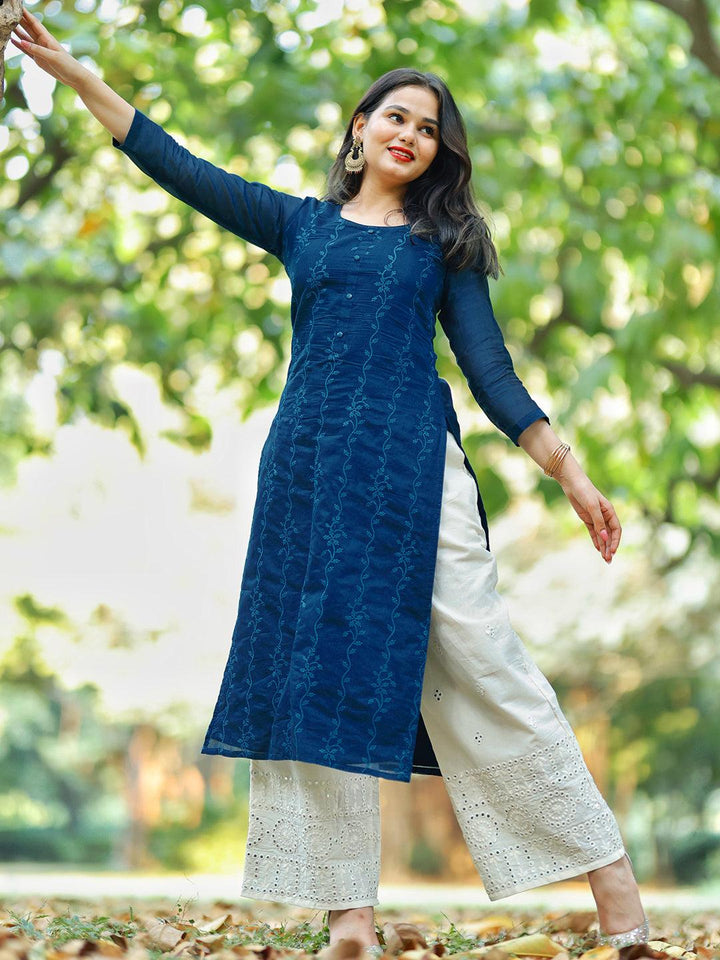 Teal Embroidered Chanderi Silk Straight Kurta - ShopLibas