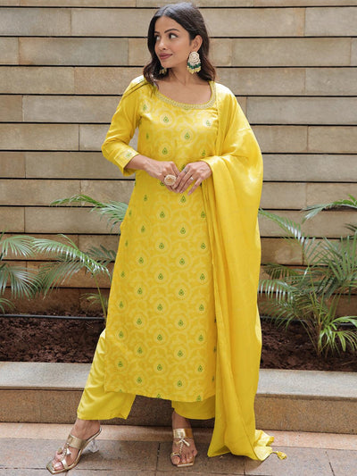 Yellow Woven Design Silk Blend Straight Kurta With Trousers & Dupatta - ShopLibas