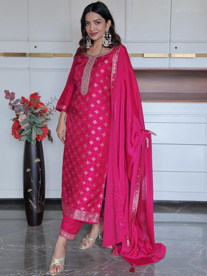 Magenta Woven Design Silk Blend Straight Kurta With Trousers & Dupatta - ShopLibas