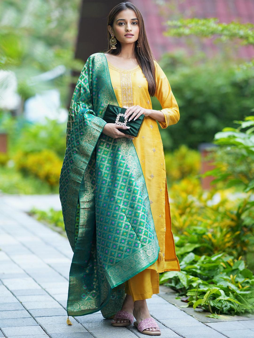 Yellow Embroidered Silk Blend Straight Kurta With Trousers & Dupatta - ShopLibas 