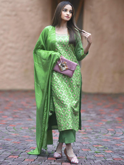 Green Woven Design Silk Blend Straight Kurta With Trousers & Dupatta - ShopLibas