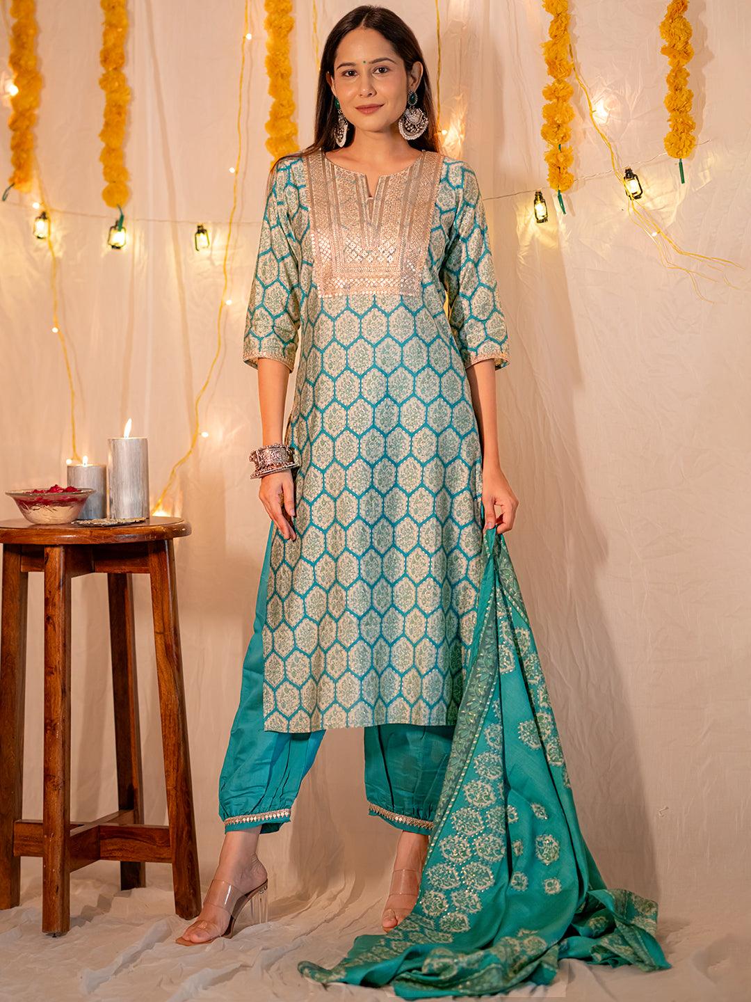 Blue Printed Silk Blend Straight Kurta With Salwar & Dupatta - ShopLibas