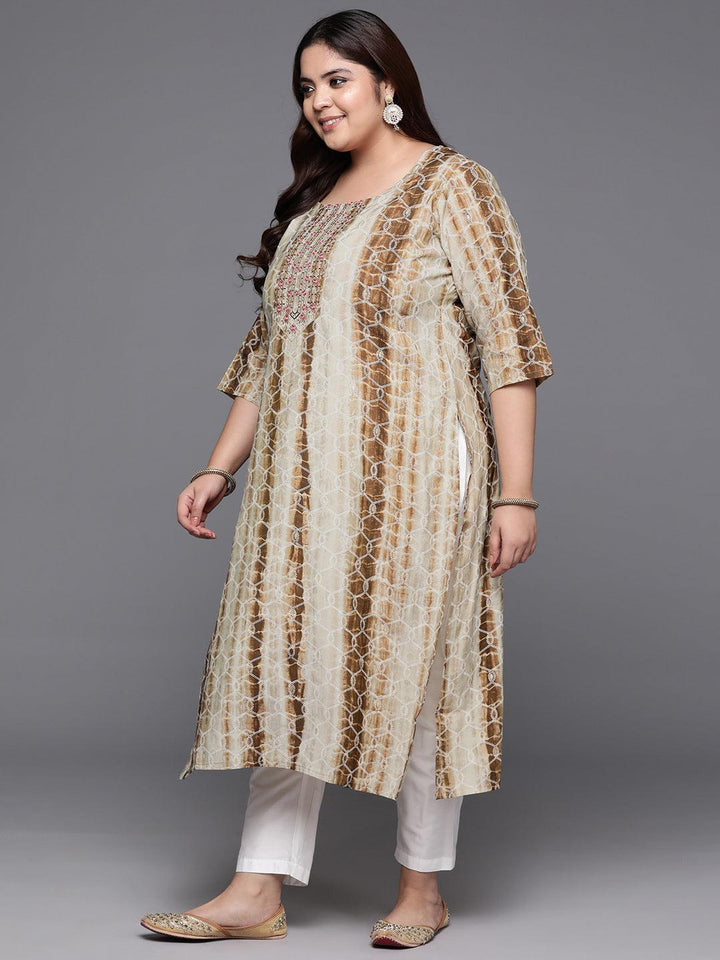 Plus Size Brown Yoke Design Straight Silk Kurta - ShopLibas